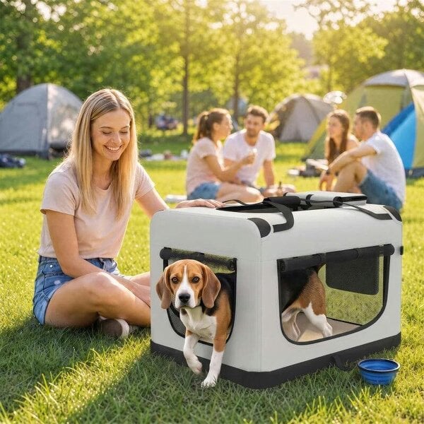 Pet Carrier Bag, Soft-Sided Dog Carrier with Security Buckle Strap, Washable Cushion and Folded Bowl, Light Grey