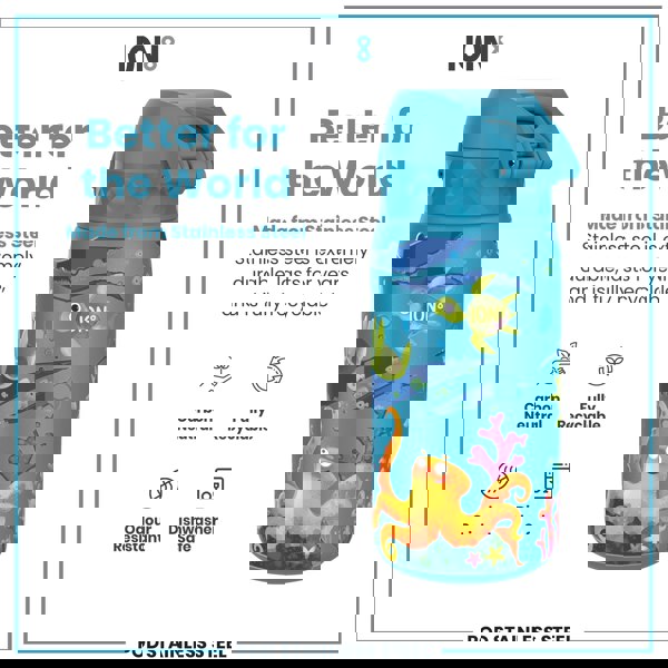 A stainless steel water bottle, featuring an ocean-themed design, sits against a white background. The bottle is described as carbon neutral, fully recyclable, odour resistant, and dishwasher safe.