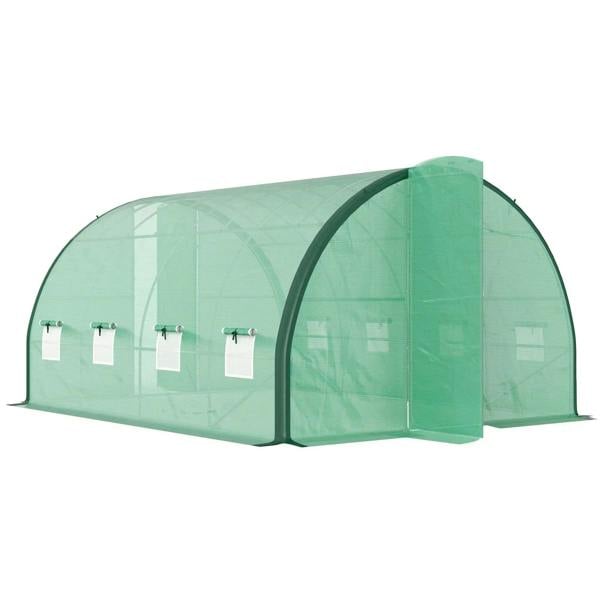 Green polytunnel greenhouse with windows and double door