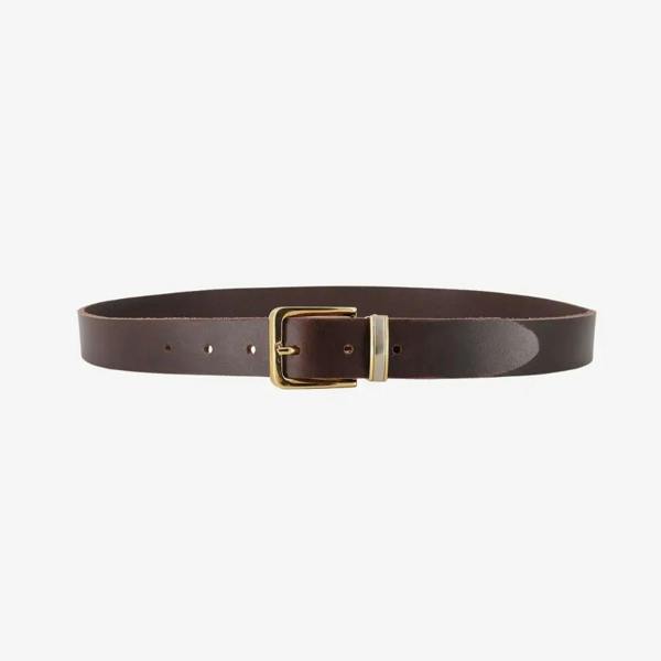 Full length view of Brown leather belt with a gold buckle on a white background