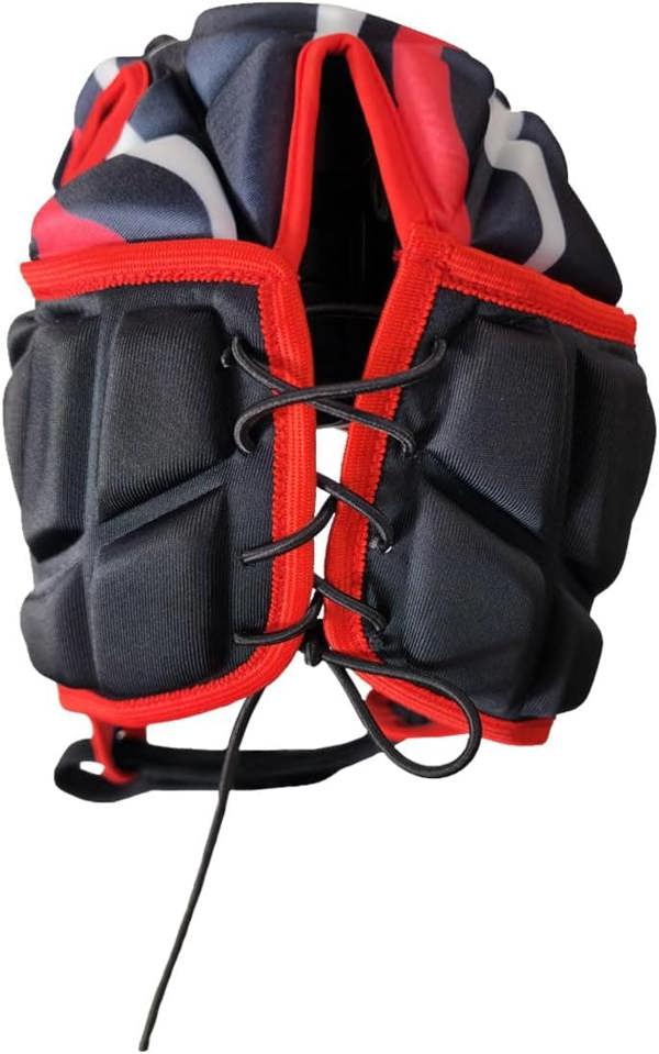 Black and red Optimum rugby headguard rear view with padded panels, red trim and lace adjuster, on white - Optimum