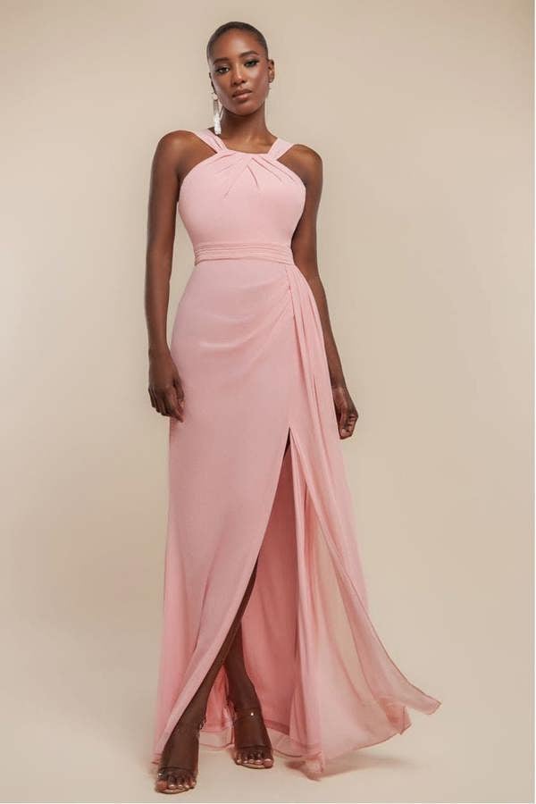 Halterneck Thigh Split Chiffon Maxi Dress - Blush Pink DR4610