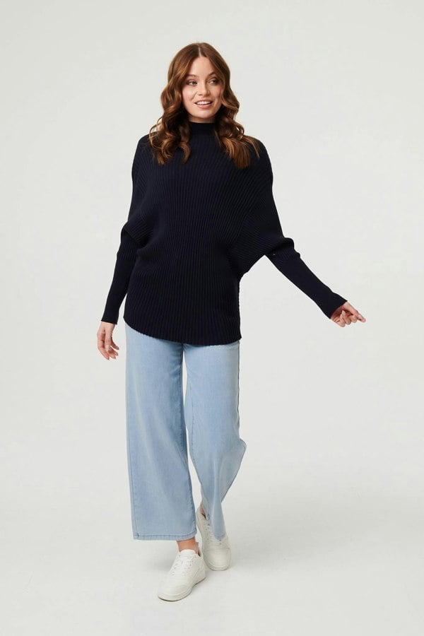 Navy | Striped Texture Batwing Sleeve Jumper
