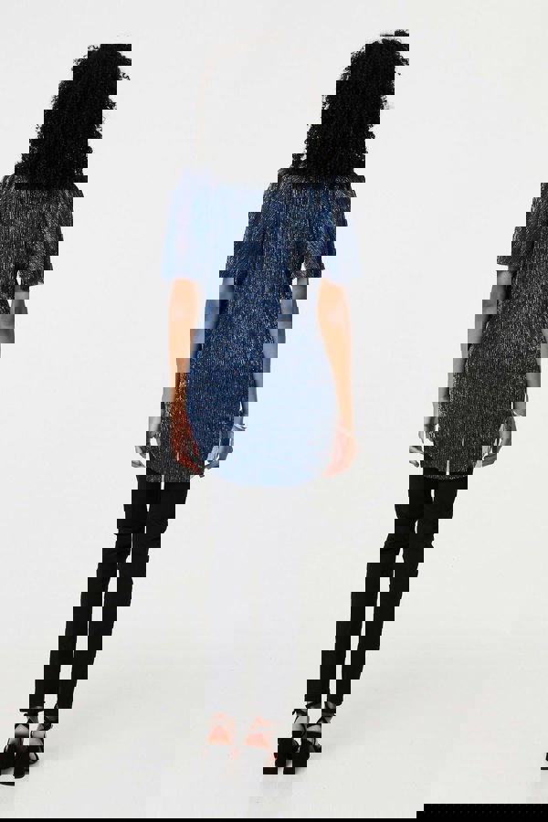 Blue | Semi Sheer Glittery Short Sleeve Top
