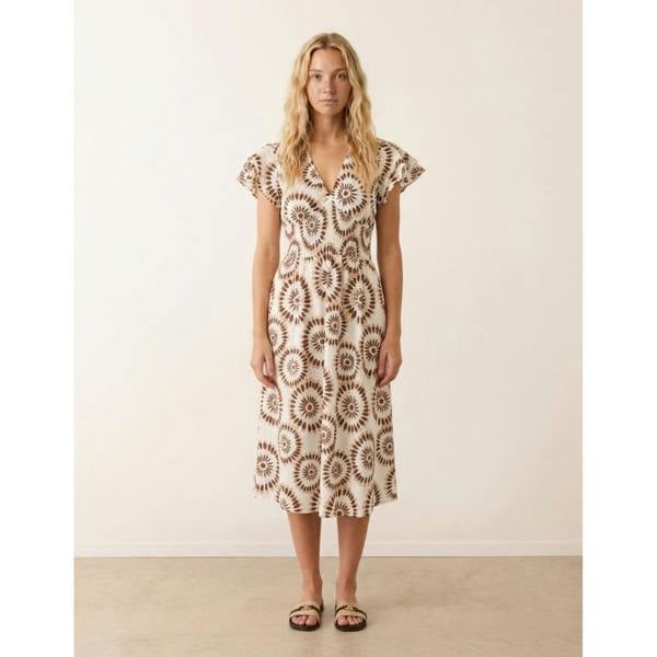Blue Vanilla V Neck Frill Sleeve Printed Midi Dress