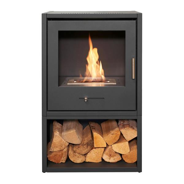 OKO S3 Bio Ethanol Stove with Log Storage in Charcoal Grey