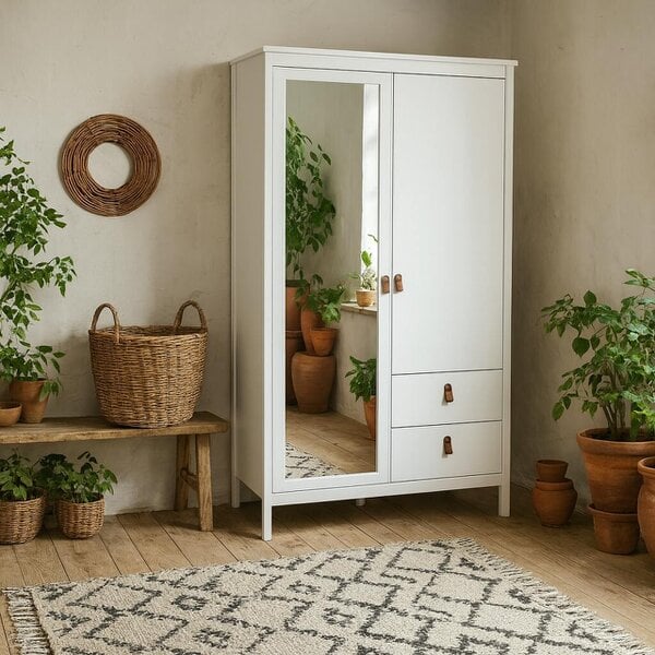 Wyld Haus Wildberry Matt White Wooden Mirror Wardrobe 2 Doors 2 Drawers Leather Handles