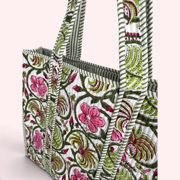 Hayley & Co Green and Pink Floral Quilted Cotton Tote Bag
