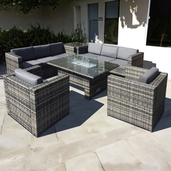 Oseasons Malta Rattan 8 Seat Rising Firepit Corner Set in Grey Walnut