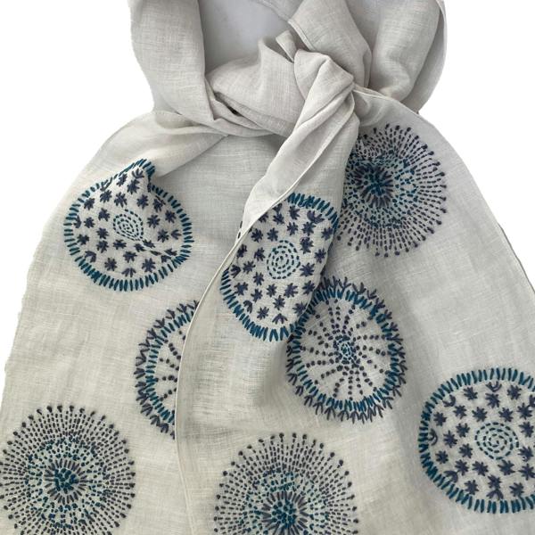 Hayley & Co Hand Embroidered 100% Linen Scarf in Light Grey and Blue