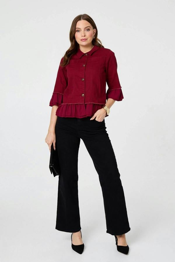 Burgundy | Frilled Hem 3/4 Flare Sleeve Shirt