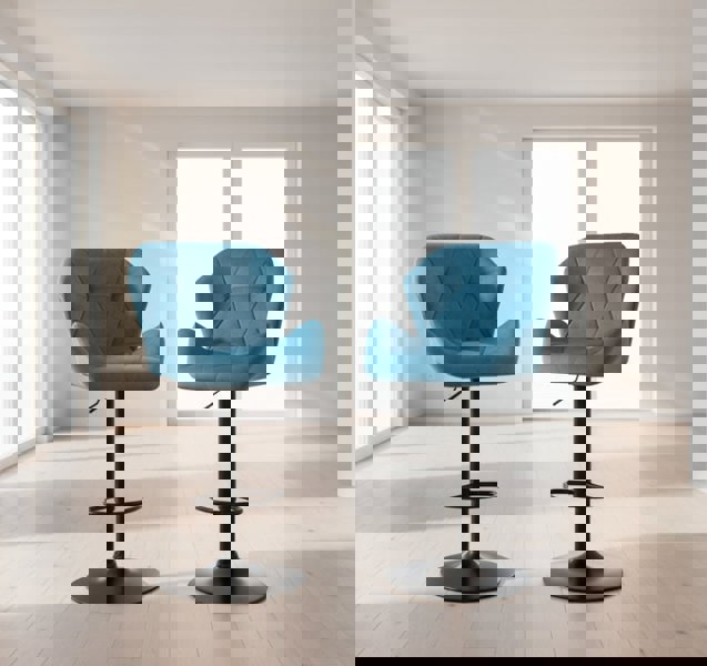 Modcraft Set of 2 Blue Velvet Bar Stools Adjustable Swivel Breakfast Chairs with Footrest & Metal Base