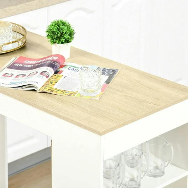 Natural wood tabletop on a white bar table with open shelf compartments below.