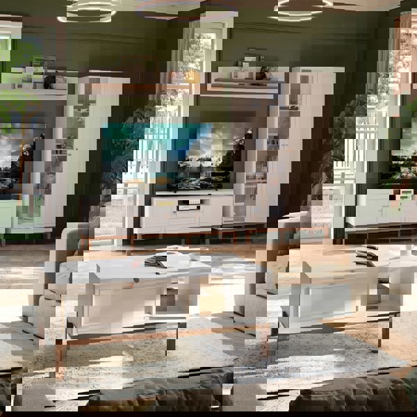 Furniture To Go Wensley Display Cabinet with 1 Door and  1 Glass Door in Light Grey and Oak