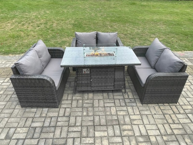 Fimous Rattan Outdoor Garden Furniture Sofa Set Gas Fire Pit Dining Table Gas Heater with Love Sofa Dark Grey Mixed