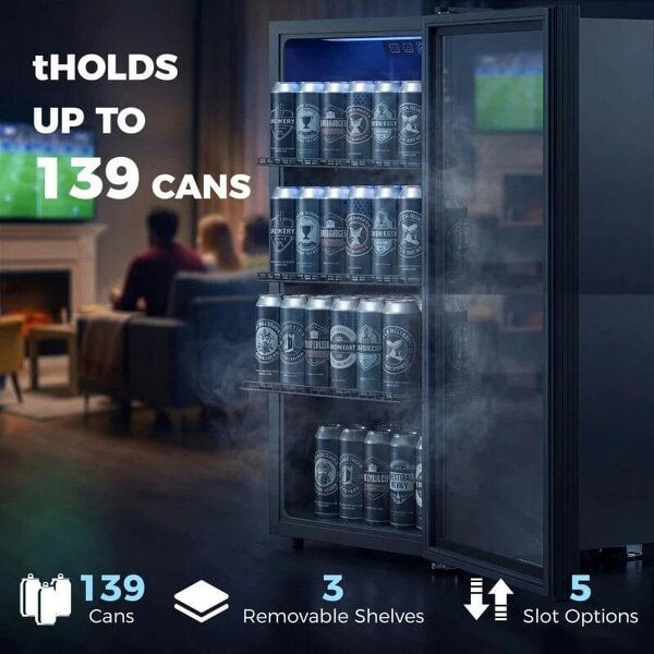Bobobiy 90L Drinks Fridge, 139 Can Under Counter Freestanding Beer Fridge with LED Light