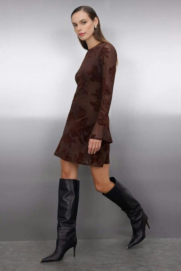 WOVCOR Flock Printed Lined Mini Dress with Tulle Flare Sleeves