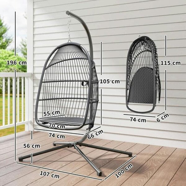 Bobobiy Rattan Hanging Egg Chair with Stand, Foldable Wicker Swing Egg Chair with Cushion, Steel Frame, Hammock Chair, Capacity 150 kg, Dark Grey