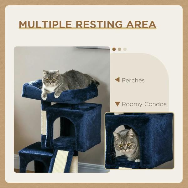 Navy blue cat activity tree featuring upper perch and roomy lower condo