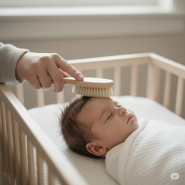 brush baby's hair gently with Thumble Baby care ultra soft baby hairbrush