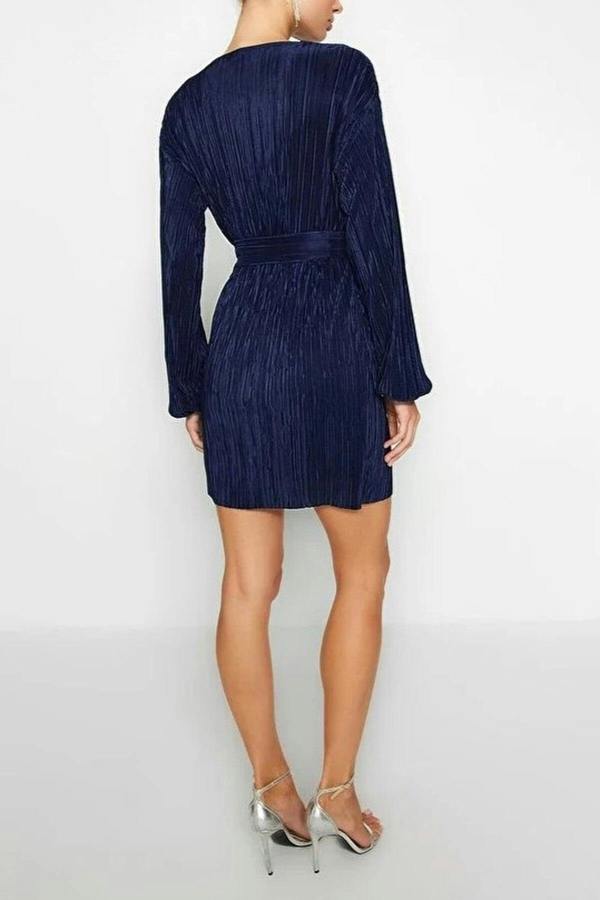 WOVCOR Belted A-Line Pleated Knit Short Elegant Evening Dress
