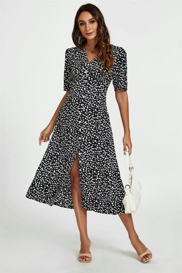 FS Collection Little Floral Print Button Front Midi Dress In Black