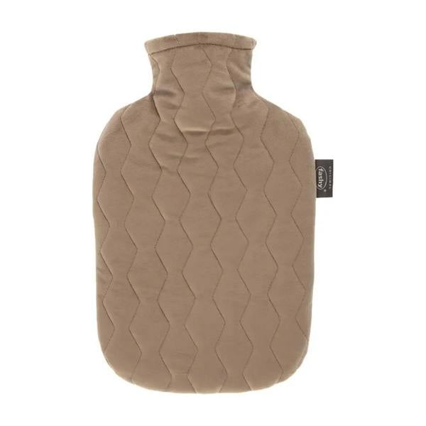 Beige quilted velvet Fashy 2L hot water bottle with zigzag stitching