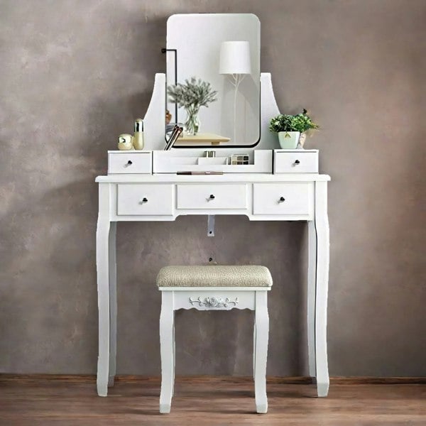 Rafaelo Mobilia 5 Drawer White Dressing Table With Mirror And Stool