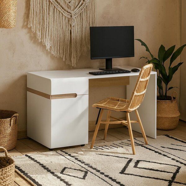 Wyld Haus Foxwhisk Desk Table White and Truffle Oak Wood 1 Drawer 1 Door