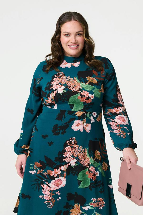 Teal | Curve Floral Long Sleeve Midi Dress
