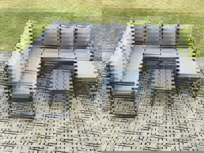 Fimous 7 Seater Aluminium Garden Furniture Set Outdoor Lounge Corner Sofa Square Coffee Table Sets with Big Footstool Dark Grey