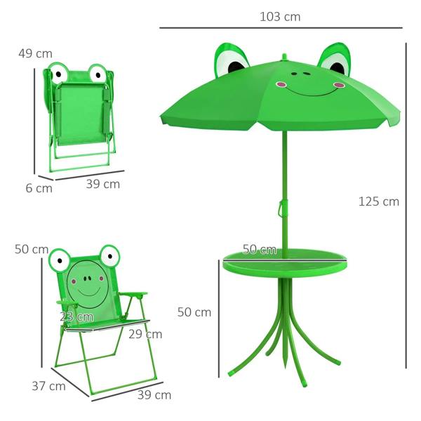 Kids picnic table and chair set with green parasol, round table and two frog chairs—dimensions