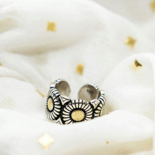 The Colourful Aura Silver Plated Vintage Sun Flower Daisy Wide Cuff Band Ring