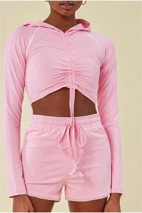 Jersey Short Set With Drawstring Top - Pink TS1