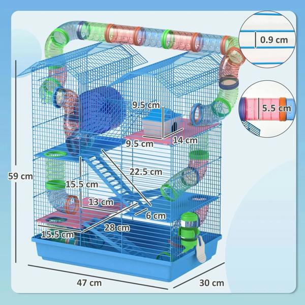 Blue multi-level wire pet cage with exercise wheel, tunnels, and platforms