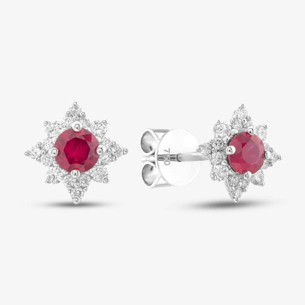 T. H. Baker 18ct White Gold 0.52ct Ruby & 0.23ct Brilliant Cut Diamond Star Halo Stud Earrings 39736