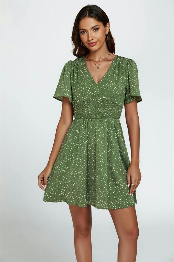 FS Collection Dot Print Short Sleeve Mini Dress In Green