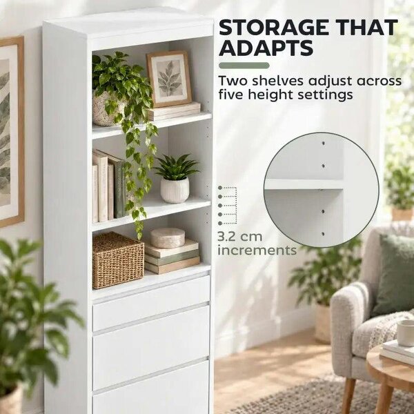 Bookcase with Drawers Adjustable Shelves Book Shelf for Study Living Room White