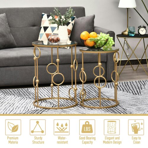 Wyld Haus Basu Metal Gold and Glass Set Of 2 Round Nesting Coffee Tables