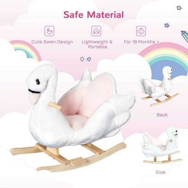 White plush swan rocking ride-on with pink padded seat and wooden rockers