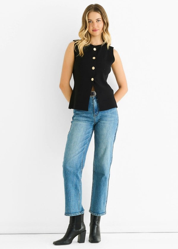 Gini London Black Button Front Compact Knit Waistcoat