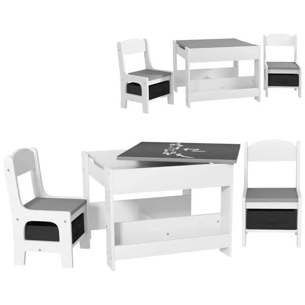 White kids table and two chairs set with dark chalkboard tops and storage cubbies