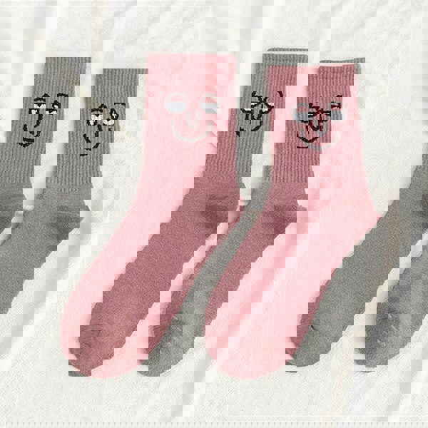 Anyfootwear 5 Pairs One Size 5-9 Pink Unisex Wacky Expressions Style Trend Surprise Socks With Candy Colors Funny, Kawaii, Happy Girls Socks For Women