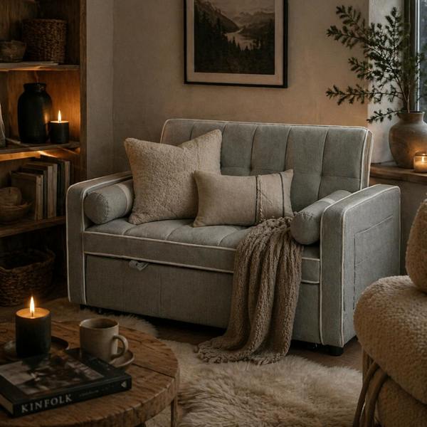 Wyld Haus Tapa Linen Effect Light Grey Upholstered 2 Seater Sofa Bed White Trim