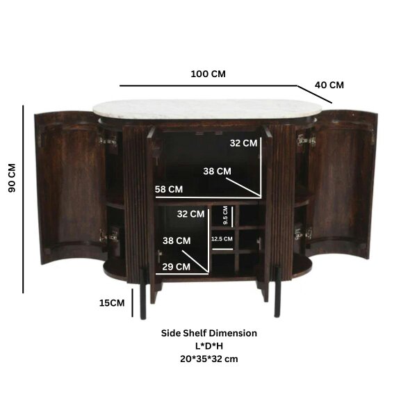 Wyld Haus Alabama Ribbed Solid Wood Sideboard Drinks Cabinet With Marble Top and Metal Legs