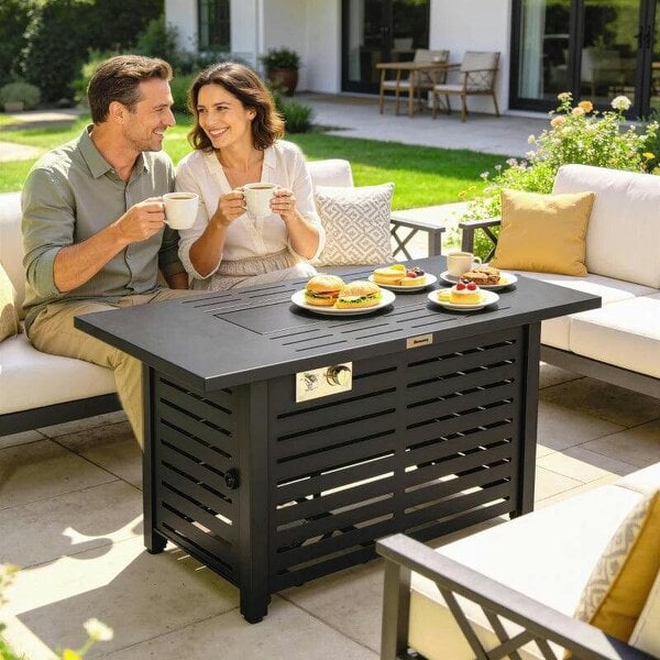 Bobobiy Propane Gas Fire Pit Table, Outdoor Firepit with 43" Steel Tabletop and Lid, 000 BTU Pulse Ignition Fire Table with Stainless Steel Burner