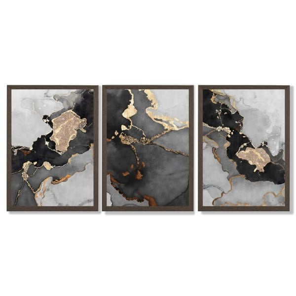 Artze Wall Art Framed Set of 3 Abstract Art prints of Paintings Black Grey and Gold