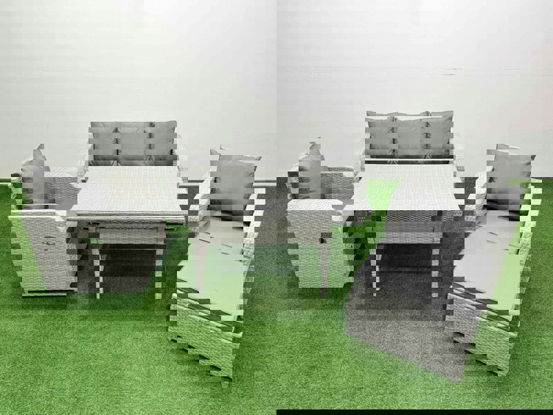 Fimous PE Rattan Garden Furniture Set Reclining Chair Sofa Lounge Sofa Set Rectangular Dining Table Big Footstool Light Grey