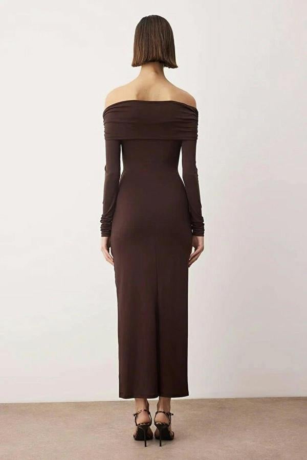 WOVCOR Collar Detail Knitted Midi Unlined Evening Dress