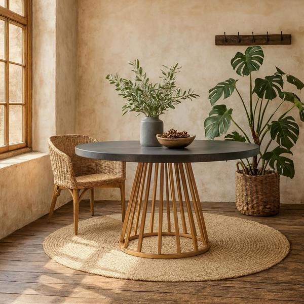Wyld Haus Lucca Grey Faux Dark Concrete Top and Gold Round Dining Table